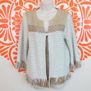 Chico's Beige Metallic Woven Fringe Sweater
